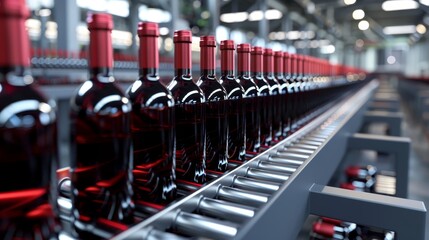 Obraz premium Conveyor belts filled with red wine bottles in a factory setting, minimalist and photo realistic, highlighting the food industry production line