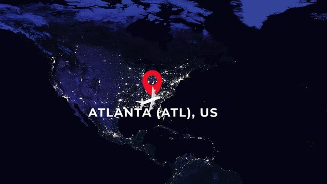 International flight night travel route from ATLANTA (ATL), US to PARIS CHARLES DE GAULLE (CDG), FR on worlds map in 4K