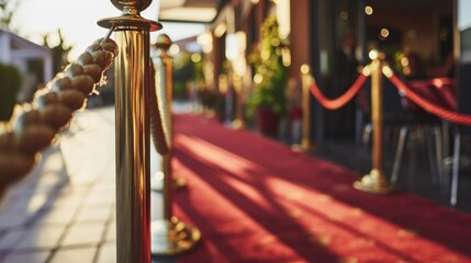 A luxurious red carpet with a gold pole and rope, ideal for formal events or movie premieres