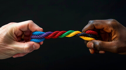 Two hands with different color black and white pulling colorful ropes twisted and knotted, concept of teamwork diverse strength connect partnership together unity communicate support