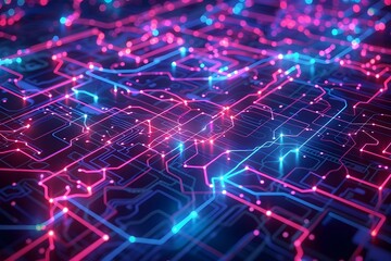 Futuristic Neon-Lit Metro Network on a Textured City Map Background in 3D Rendering