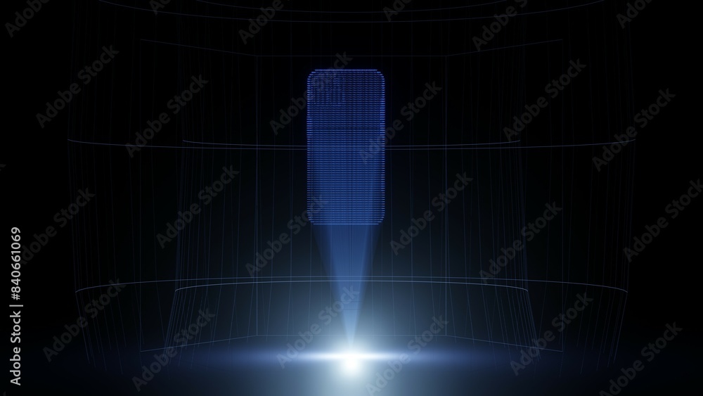 Poster blue hologram of mobile phone with abstract dots and lines. technology abstract background with neon