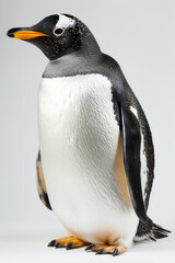 Obraz premium Close-Up of a Standing Gentoo Penguin with White Background - Detailed View of Penguin's Plumage and Features