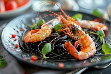 Gourmet shrimp dish, black pasta with shrimp, fine dining, seafood plate, elegant food presentation, restaurant quality meal