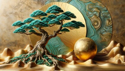 Fototapeta premium An artistically rendered tree with vibrant teal foliage stands strikingly against a textured golden background, accompanied by a glowing orb