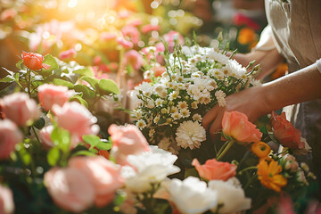 Florist holding and arranging colorful flower bouquets in a flower shop. Floral arrangement and decoration for banners, posters, and design