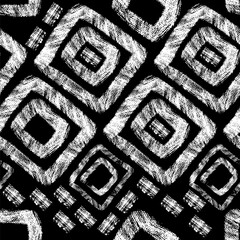 Abstract black and white vector seamless background of stripes, scuffs, noise, roughness, circles, squares and rectangles. Random Repeating Pattern