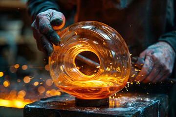 Glassblower shaping molten glass. Artisan at work in glassblowing studio. Craftsmanship and glass art concept for design and print. Close-up photography