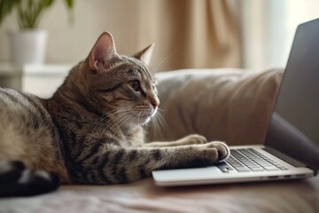 A beautiful cat lounges on a table next to a laptop computer, seemingly engaged in home office work, captured in a detailed and adorable closeup portrait.