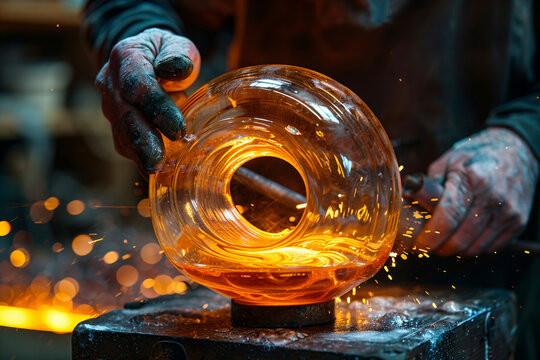 Glassblower shaping molten glass. Artisan at work in glassblowing studio. Craftsmanship and glass art concept for design and print. Close-up photography - Powered by Adobe
