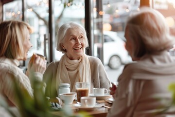 Cheerful elderly woman socializing with friends in a sunny cafe