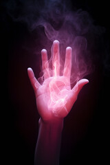 Pink Glowing fantasy hand concept. Ethereal magical fantasy wisps of magical glowing neon smoke set against a black background. Wizardry. Glowing palm of a hand. Surreal energy glow. 