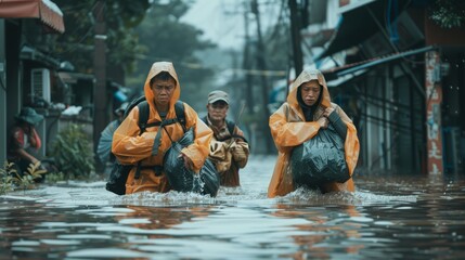 People walking through a flooded street with umbrellas, depicting the impact of urban flooding. Ideal for weather and environmental themes.