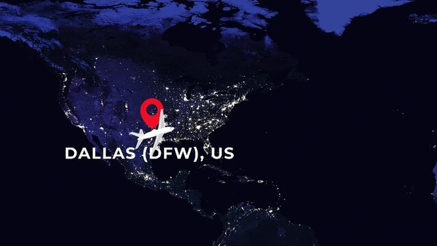 International flight night travel route from DALLAS (DFW), US to TOKYO NARITA (NRT), JP on worlds map in 4K