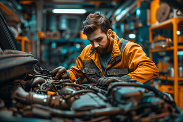 Automotive mechanic repairing car engine in workshop. Close-up shots of hands and tools working on engine parts. Design for poster, banner, print, and advertisement
