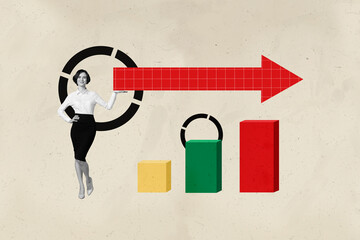 Composite collage image picture of mini girl hold arrow pointer isolated on creative background