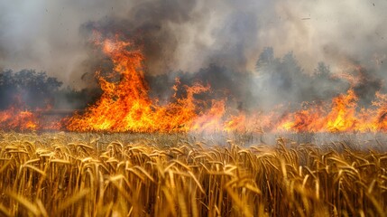 Field on fire with tall flames and heavy smoke, creating a dramatic and intense scene. Ideal for disaster and environmental themes.