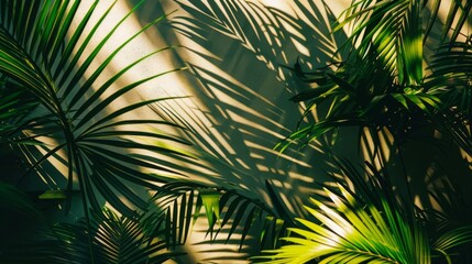 Obraz premium A tropical scene with large, lush green palm leaves casting dramatic shadows, evoking a sense of exotic beauty and relaxation