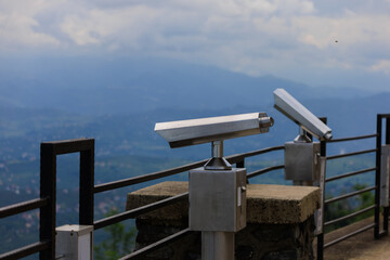Observation deck and binoculars for viewing the sea and the city of Istanbul in a public place