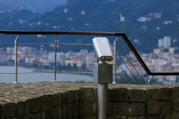 Observation deck and binoculars for viewing the sea and the city of Istanbul in a public place