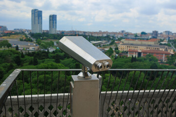 Observation deck and binoculars for viewing the sea and the city of Istanbul in a public place