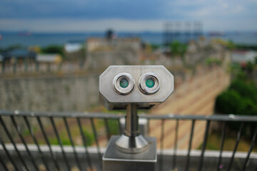 Observation deck and binoculars for viewing the sea and the city of Istanbul in a public place