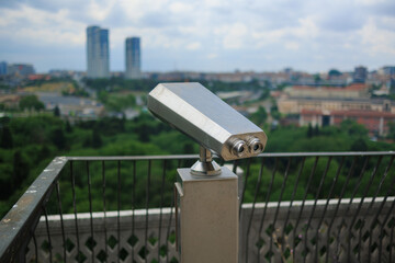 Observation deck and binoculars for viewing the sea and the city of Istanbul in a public place