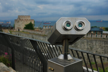 Observation deck and binoculars for viewing the sea and the city of Istanbul in a public place