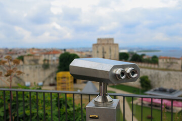 Observation deck and binoculars for viewing the sea and the city of Istanbul in a public place