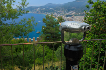 Observation deck and binoculars for viewing the sea and the city of Istanbul in a public place