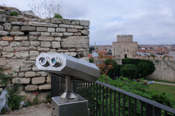 Observation deck and binoculars for viewing the sea and the city of Istanbul in a public place