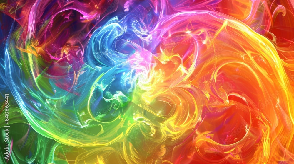 Poster a vibrant abstract background with swirling rainbow colors and a kaleidoscopic effect. the bright an