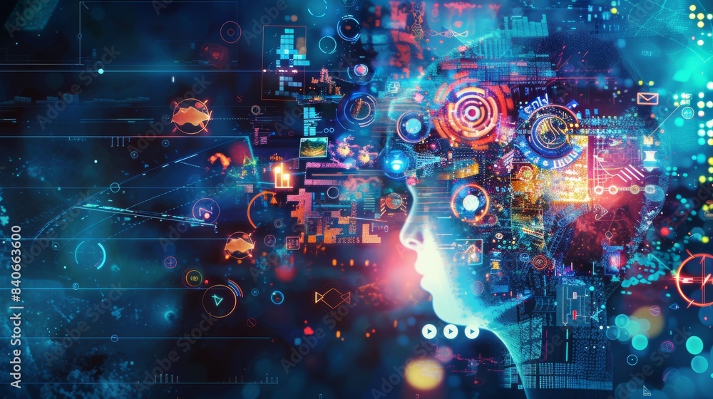 Poster dynamic artwork merges abstract elements and technological motifs, suggesting a complex digital ecos