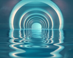 Fototapeta premium Futuristic tunnel with glowing arcs reflecting in tranquil water, creating a mesmerizing, surreal, and geometric visual effect.