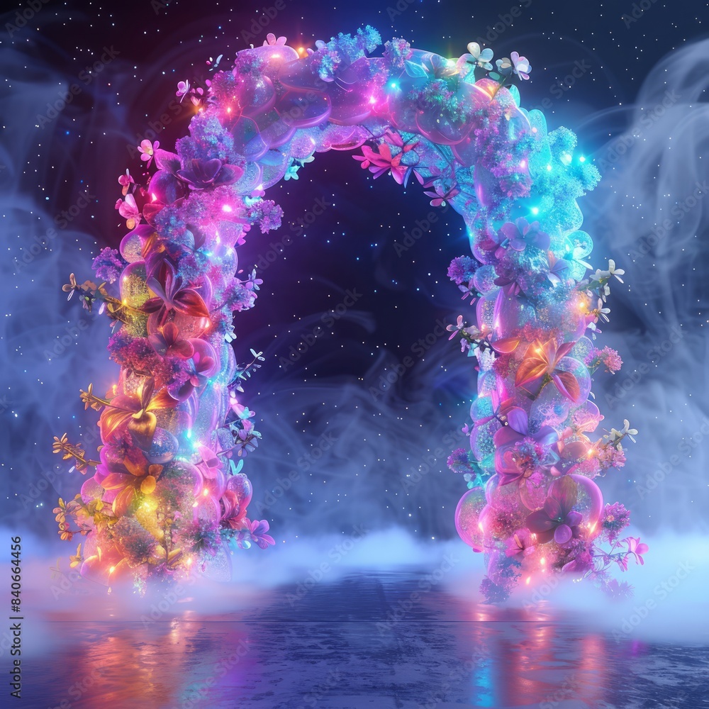 Aufkleber a colorful archway with flowers and lights is displayed in a misty