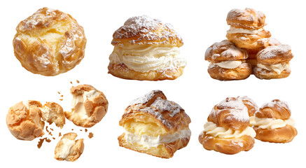 French Cream Puff, Choux pastry, Choux à la Crème bun on transparent cutout, PNG file. Many assorted different angles, stack, broken, slice, pile. Mockup template for artwork