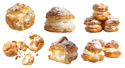 French Cream Puff, Choux pastry, Choux à la Crème bun on transparent cutout, PNG file. Many assorted different angles, stack, broken, slice, pile. Mockup template for artwork