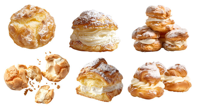 French Cream Puff, Choux pastry, Choux à la Crème bun on transparent cutout, PNG file. Many assorted different angles, stack, broken, slice, pile. Mockup template for artwork