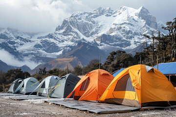 Amidst the majestic mountains range, a camp rests beneath snowy peaks, embracing the adventure.