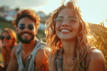 Fototapeta premium Friends celebrate friendship and freedom while hiking, smiling and enjoying the outdoors together.