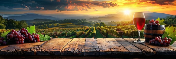 Idyllic farmland scenery of a vineyard at sunset, with ripe grapes and a wineglass.