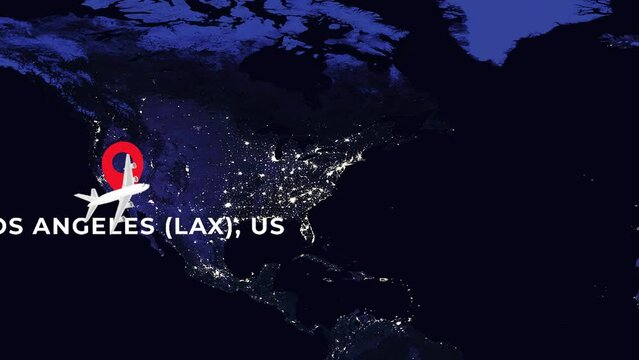 International flight night travel route from LOS ANGELES (LAX), US to TOKYO NARITA (NRT), JP on worlds map in 4K