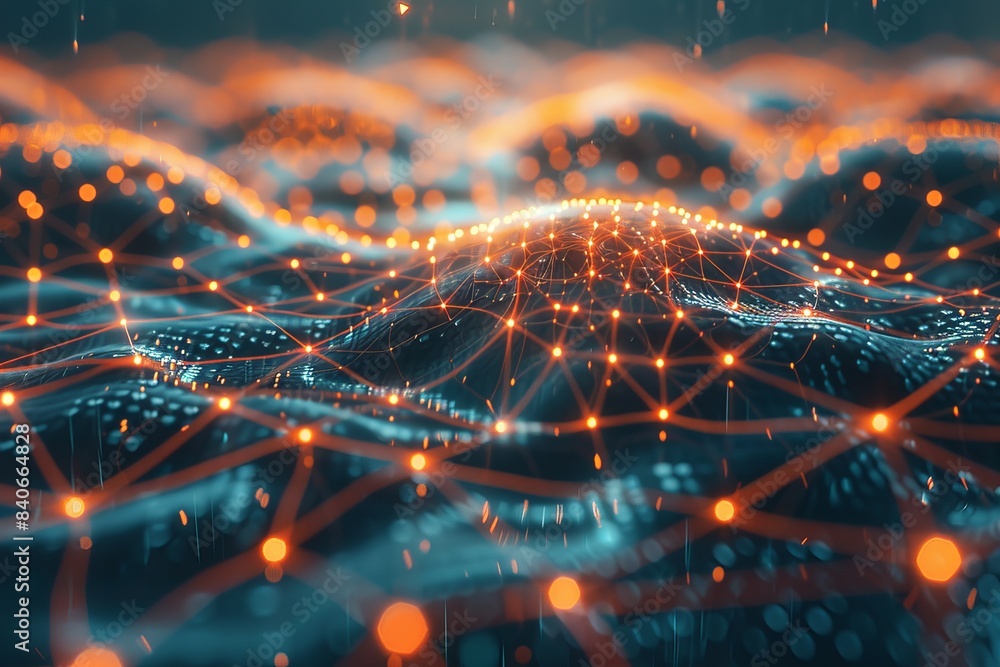 Poster abstract digital landscape with floating particles and network connections. futuristic technology co