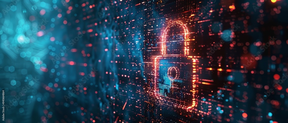 Poster futuristic digital lock image representing cybersecurity, data protection, and technology in a glowi