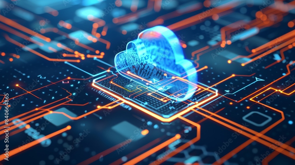 Poster abstract cloud computing concept with glowing blue cloud icon on digital circuitry background, repre
