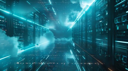 High-tech data center featuring glowing lights, cloud computing elements, and digital graphics, representing modern technological infrastructure.