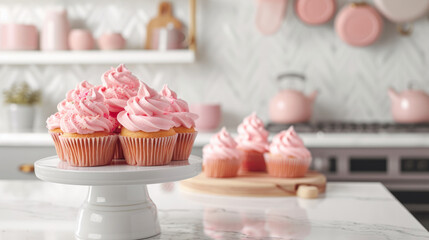 Decadent Pink Cupcakes Displayed on Pristine Kitchen Surface