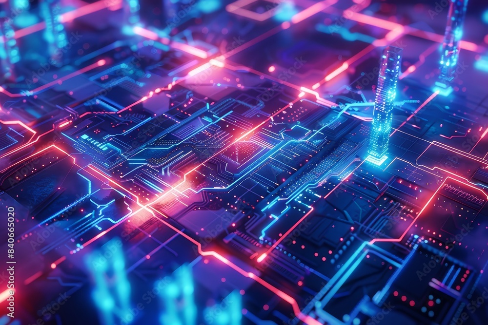 Poster futuristic neon circuit board with glowing lights and complex patterns, showcasing advanced technolo