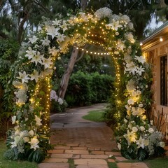 Fototapeta premium A white archway with flowers and lights is lit up