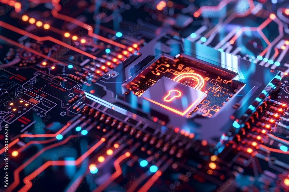 Poster close-up of a computer circuit board with a glowing padlock symbol representing cybersecurity and da